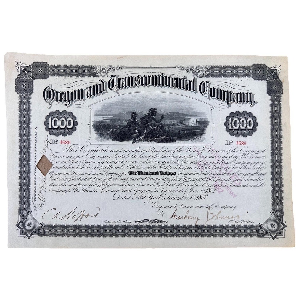 1882 Oregon and Transcontinental Company Stock Certificate‎
